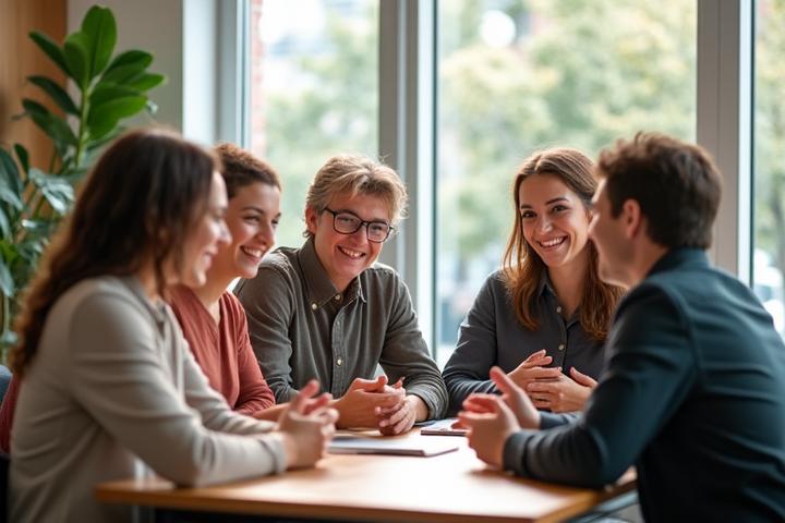 Diverse group of adults engaged in a lively discussion within a contemporary, light-filled community center, embodying connection and shared wellness interests.