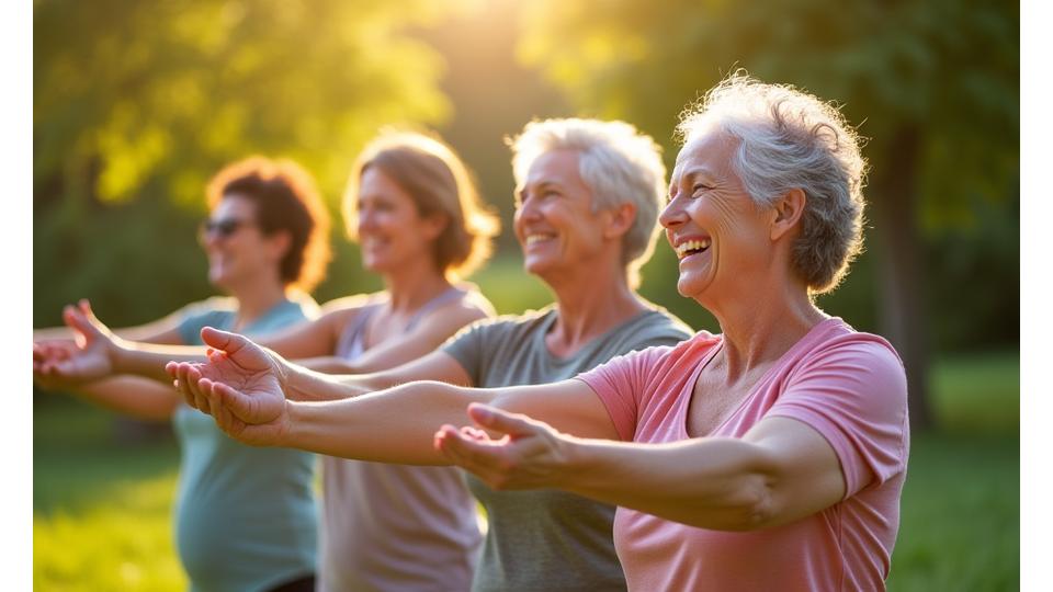 A diverse group of adults of varying ages smiling and encouraging each other during a gentle outdoor exercise session in a green park, conveying camaraderie and shared wellness goals.