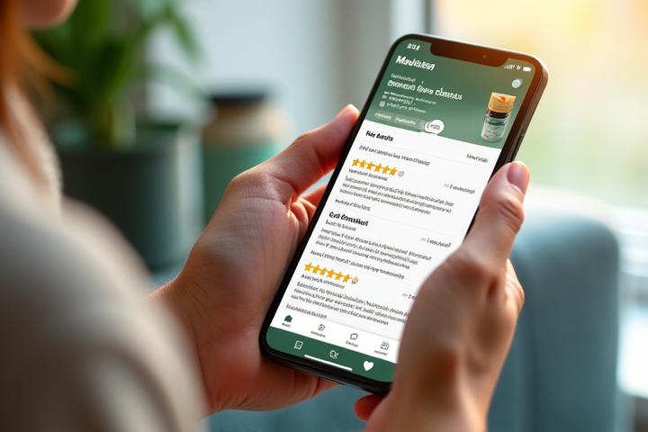 An adult hand holding a smartphone displaying a detailed product review page with star ratings and user comments, set against a blurred background of a modern health product packaging.