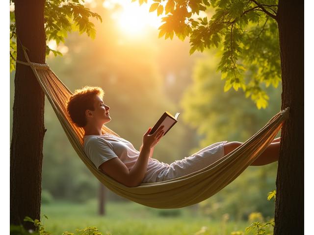 A serene individual relaxing in a hammock amidst lush green trees, holding a book, far from any digital devices.