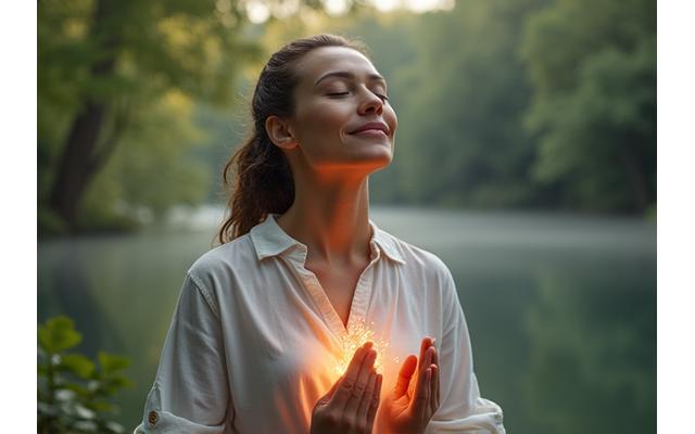 A woman peacefully meditating while surrounded by nature, with a subtle, glowing digital connection symbol hovering gently, representing mindful interaction with technology.