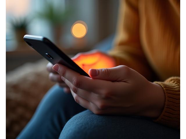 Hands gently holding a smartphone, with a soft glow emanating from the screen, surrounded by warm, natural light and blurred elements of a serene home environment, conveying thoughtful interaction.
