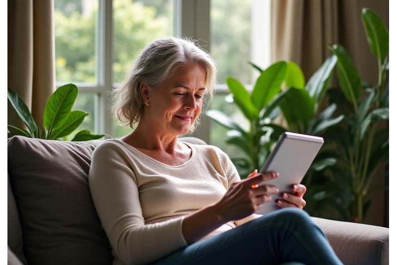 A person calmly reading a health article on a digital tablet amidst abundant green plants, symbolizing natural wellness and informed decisions.