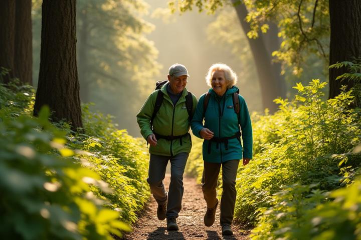 An active senior couple enjoying a walk in a lush green park, symbolizing vitality and lifelong movement.