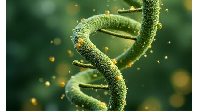 Scientific imagery showing DNA strands with plant icons, symbolizing nutrigenomics.