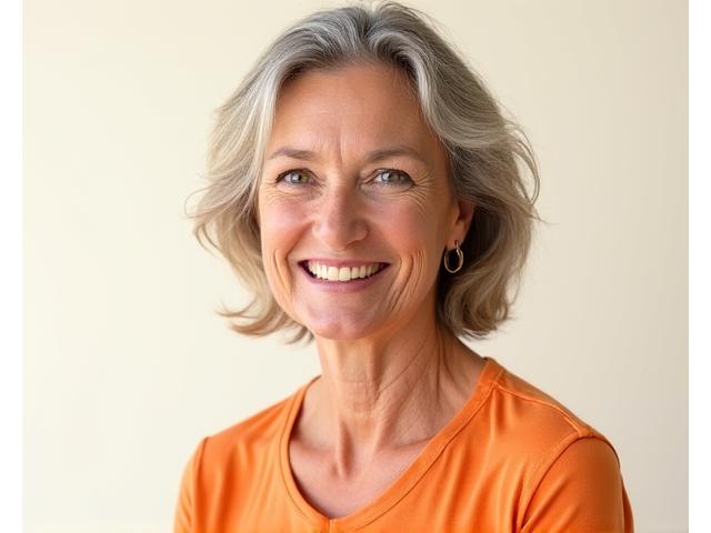 Portrait of Eliza, a smiling active middle-aged woman.