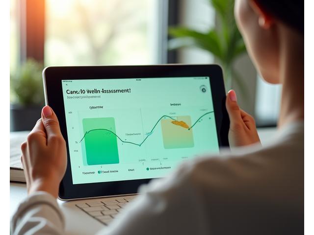 A woman engaging with a digital health assessment form on a tablet, with a stylized graph showing progress in the background.