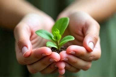 A close-up of hands gently holding sprouting seedlings, symbolizing growth, presence, and mindfulness.
