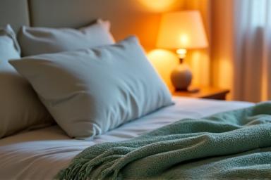 A serene bedroom scene with soft lighting, indicating a restful and optimal sleep environment.