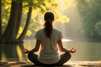 A person calmly meditating in a natural, peaceful setting, representing effective stress reduction.