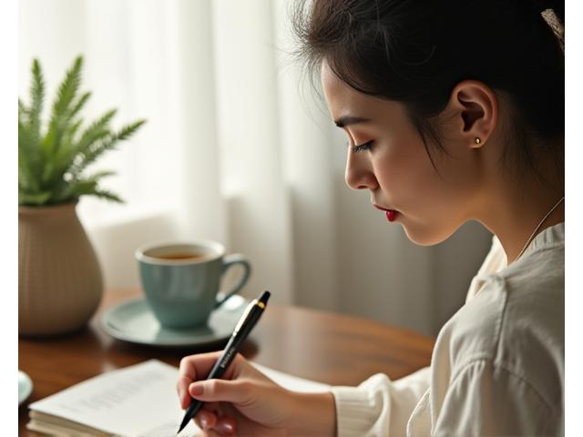 A person journaling with a mindful expression, surrounded by natural light.