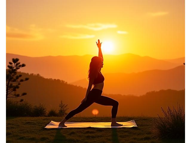 A person enjoying a sunrise yoga session, vibrant and full of energy.