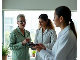 A team of nutritionists, physicians, and wellness researchers collaborating in a modern, plant-filled office.