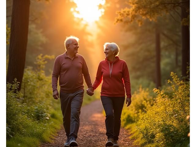 An active senior couple hiking a sun-dappled trail, smiling and looking vibrant.