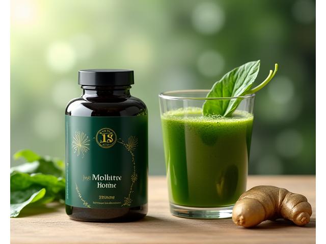A bottle of joint support supplements next to a healthy green smoothie.