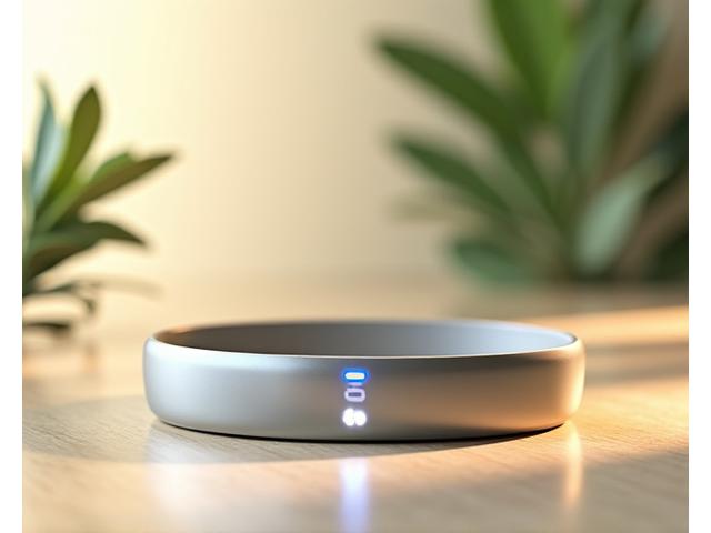 A sleek, modern meditation headband on a polished wooden surface, with soft ambient light.