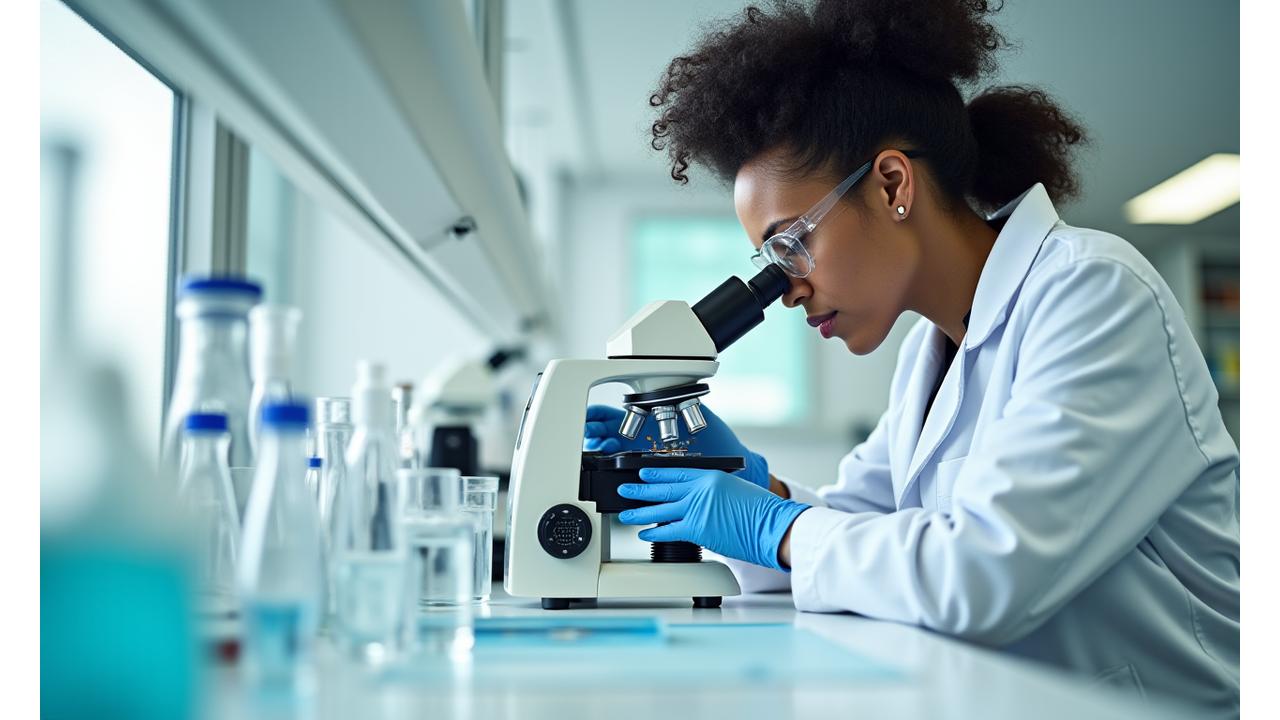 A lab technician carefully examining supplement samples under controlled conditions, demonstrating purity testing.