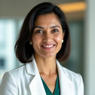 Portrait of Dr. Anya Sharma, a warm and intelligent medical doctor focusing on longevity