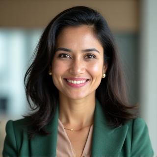Portrait of Dr. Lena Hanson, a mindfulness expert, smiling warmly