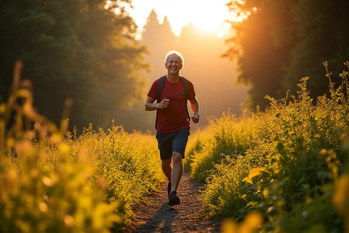 A dynamic image of an older adult engaged in vibrant outdoor activity, like hiking or gentle jogging in a natural setting