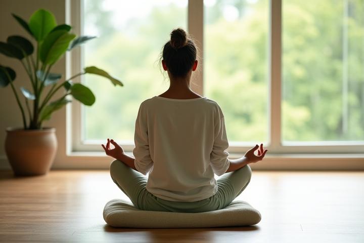 Someone meditating in a peaceful, sunlit room, embodying calm