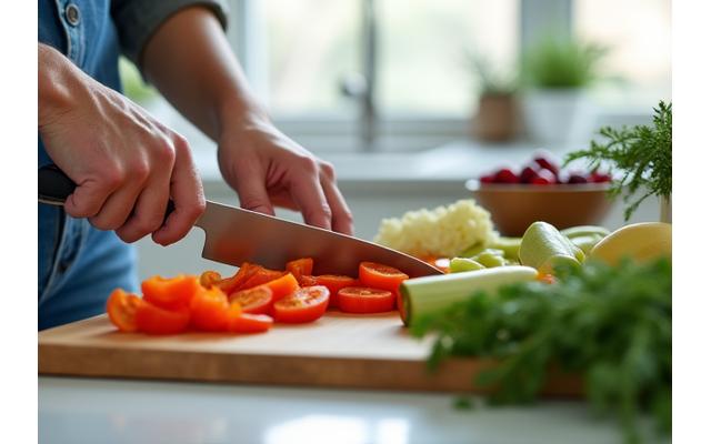 Hands chopping fresh vegetables on a wooden board in a vibrant, modern kitchen