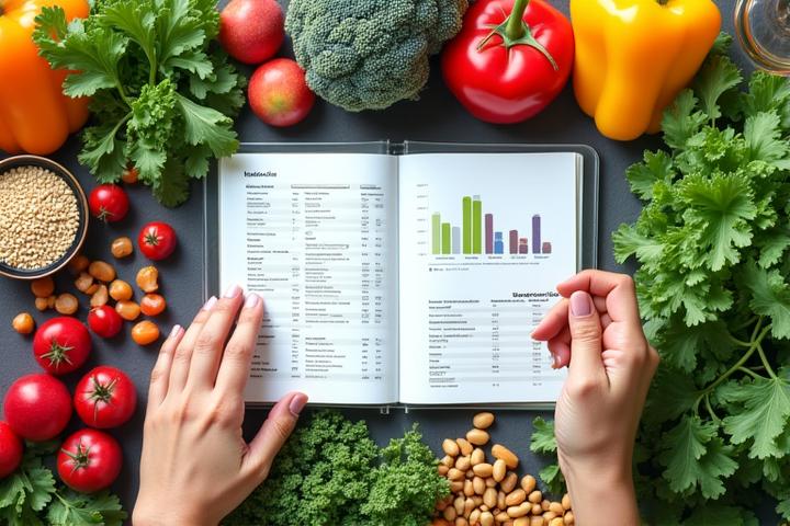 A person studying nutritional charts and organic ingredients, emphasizing modern science