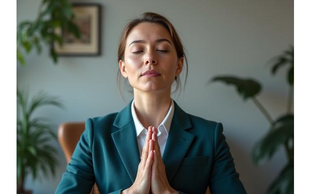 A person practicing deep breathing exercises, focused and calm, in a soft light setting