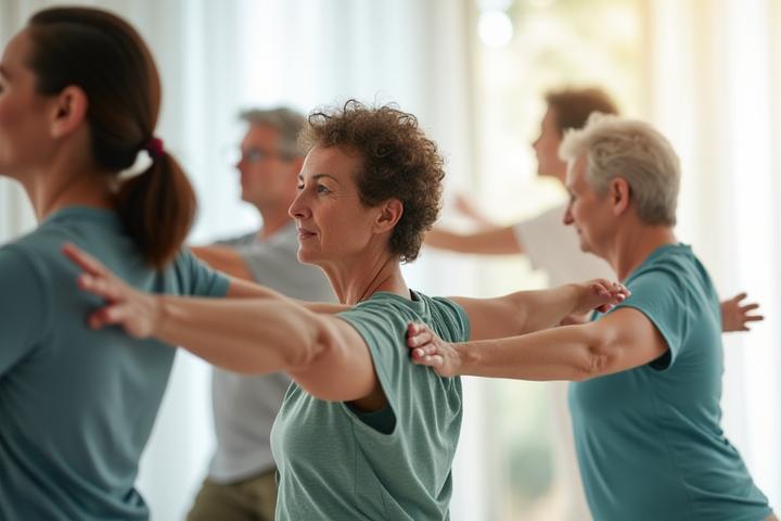 A diverse group of people practicing gentle stretching or yoga, looking relaxed and supported