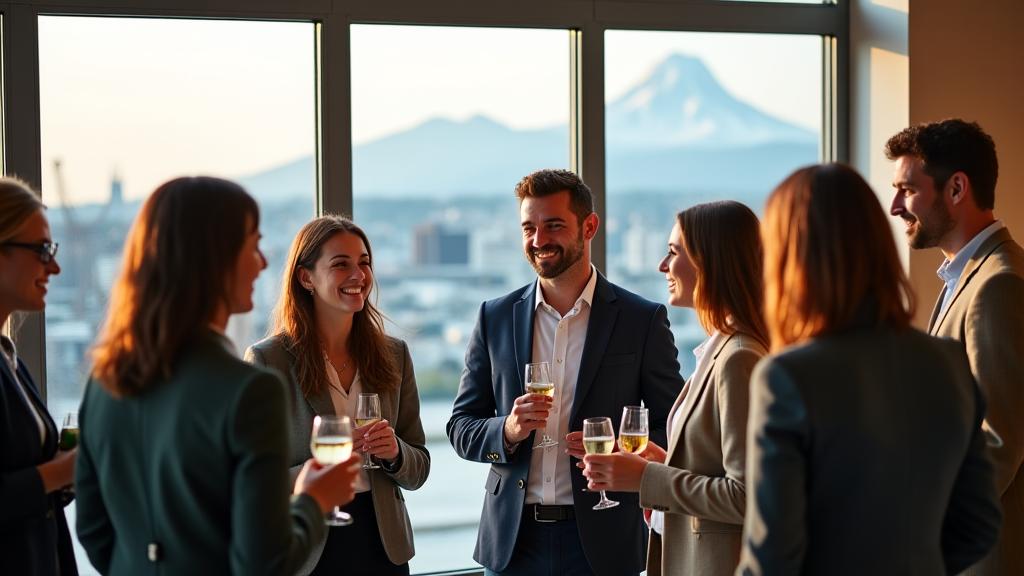 Diverse group of professionals networking at a Portland wellness event with city skyline in background