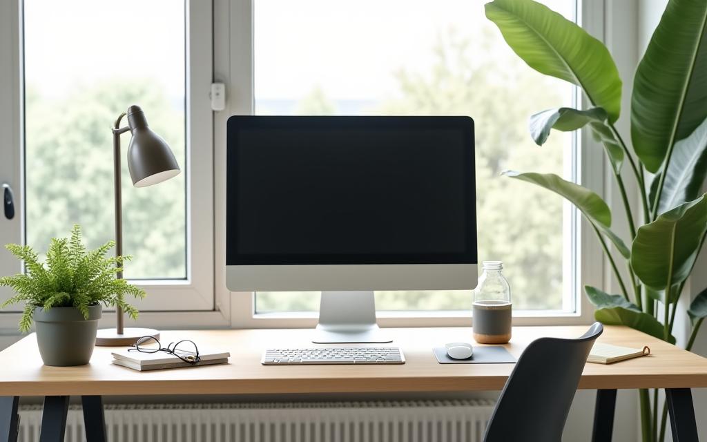 Modern office desk with standing desk, ergonomic chair, and small plant, depicting healthy work environment