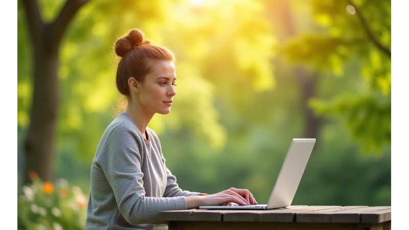 Person using a laptop outdoors in a park, symbolizing flexible work arrangements